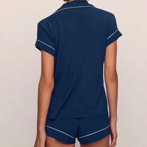 Eberjey Gisele Tencel Modal Shortie PJ Pajamas Set In Navy Ivory Medium - Picture 4 of 5